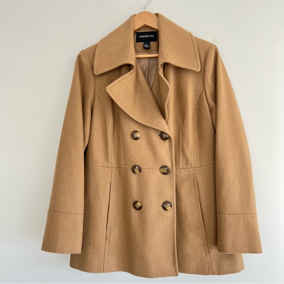 LONDON FOG Beige Tan Wool Blend Double Breasted Long Sleeve Pea Coat Jacket Sz L - Picture 15 of 15